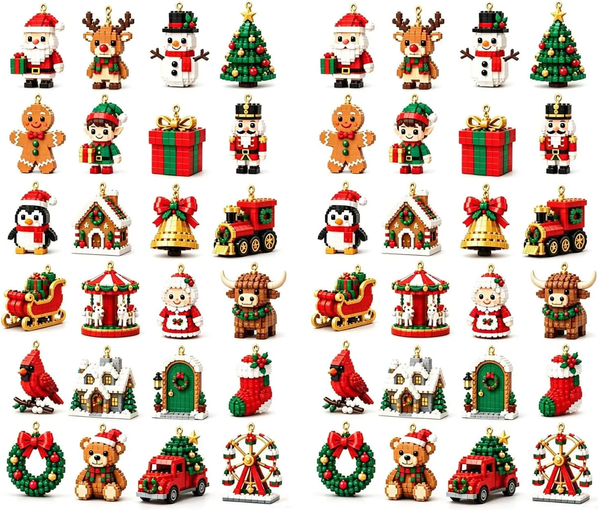 Advent Calendar | 24 Day Mini Brick Ornaments | Buildable Holiday Designs | DIY Building Block Gift Box