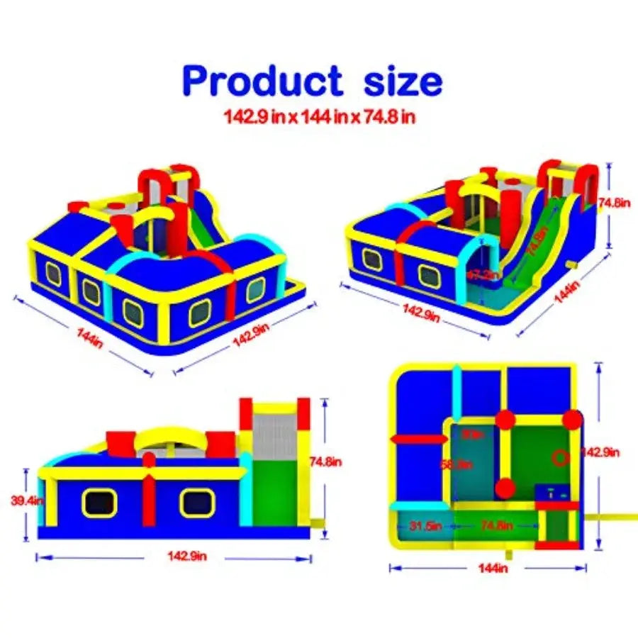 Inflatable Bounce House with Slide, Bouncy Castle and Jumping Castle with Blower and Wave Pool, Basketball Rim, Long Tunnel - ToylandEU