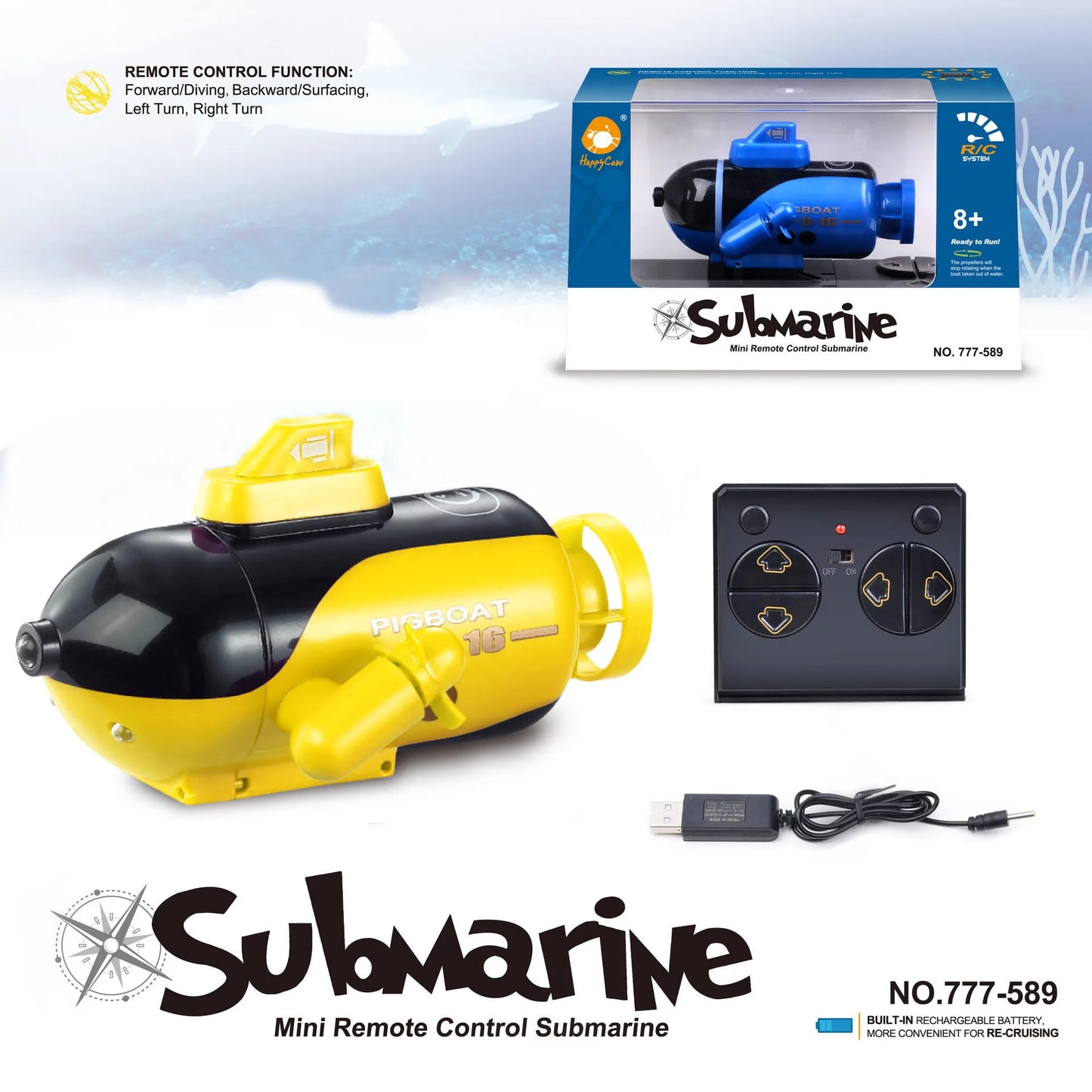 RC Submarine | LED Light | 4-Channel Remote | One Size