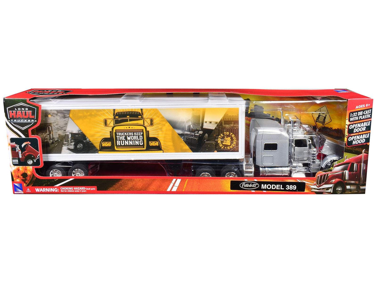 Peterbilt 389 Truck Silver Metallic with Dry Van Trailer | 1/32 Diecast Model Truck | New Ray | Trucker Keep The World Running Series