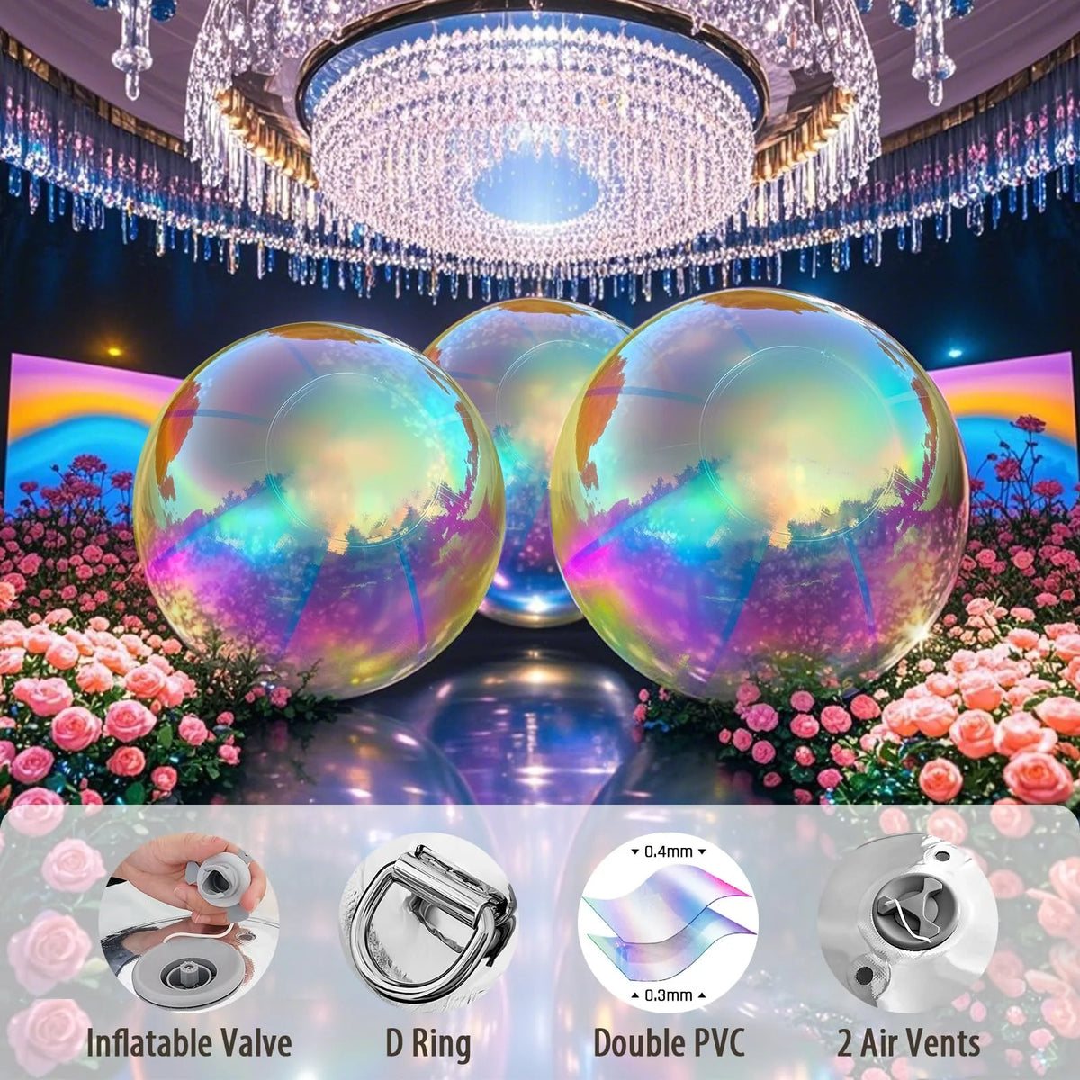 Inflatable Disco Ball | Iridescent Shine | Giant Party Prop | Set Of 6 With Pump