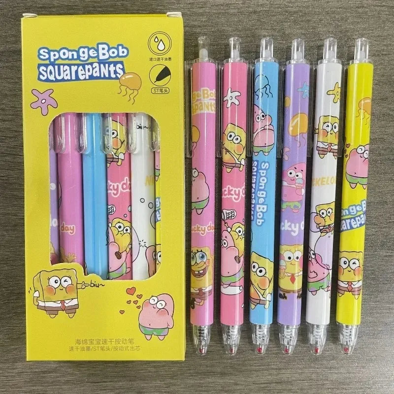 Retractable Gel Pens | SpongeBob Theme | Quick Dry Black | 6 Pack Student Set