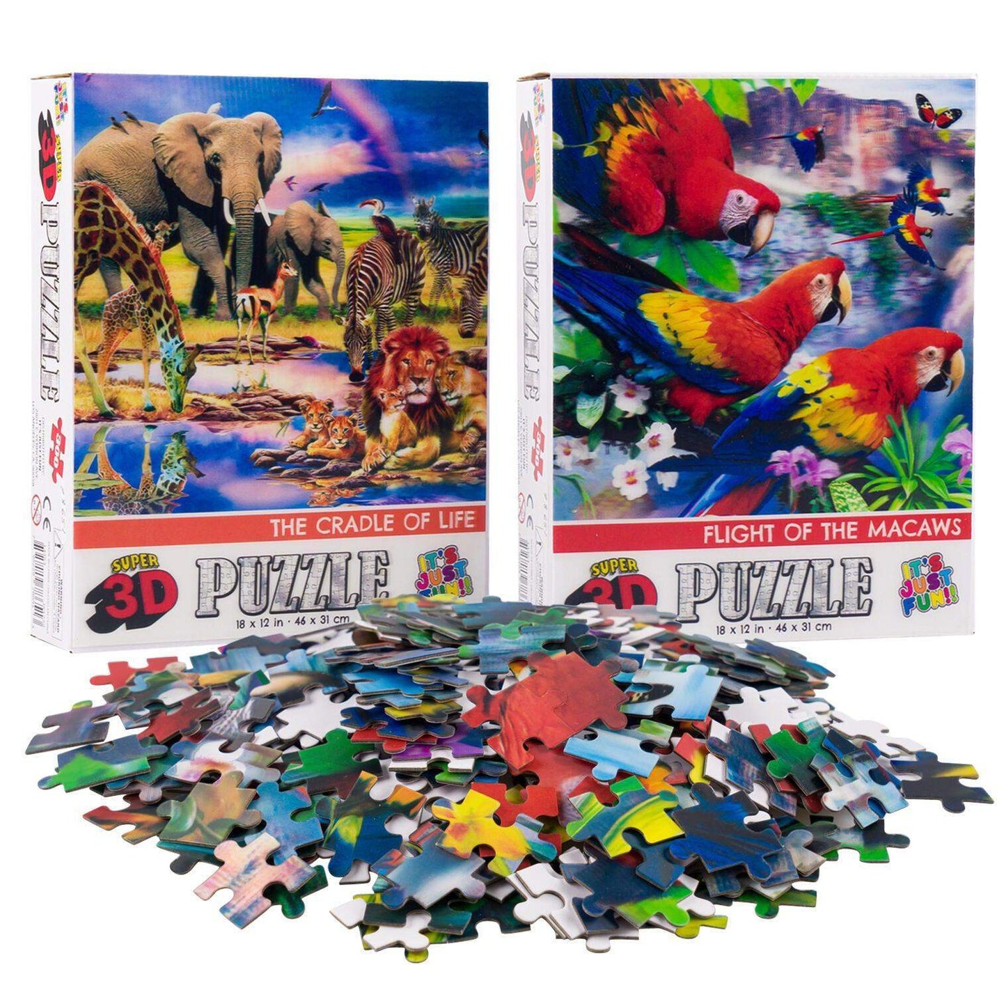Savanna Animals & Macaws Set of 2 300 Piece Lenticular Jigsaw Puzzles Prime 3D - Puzzle Merchant