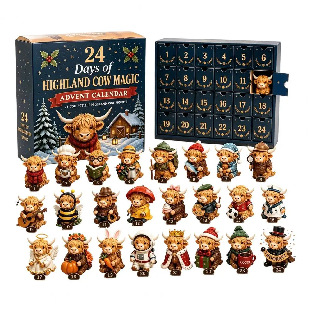 Advent Calendar | 24 Day Highland Cow Mini Figures | Numbered Compartments | Farmhouse Holiday Decor