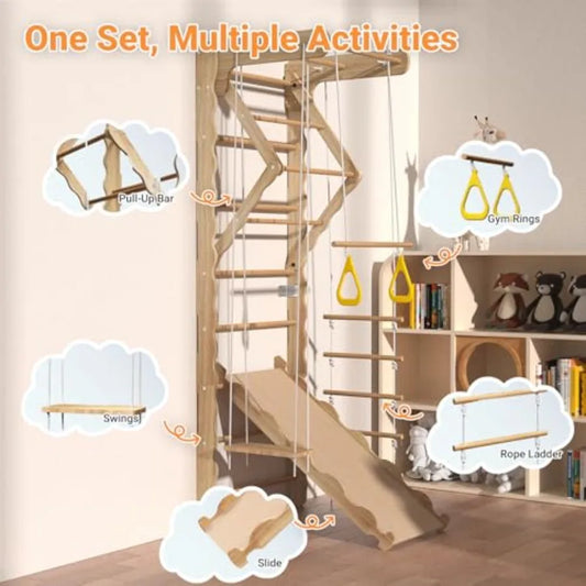 Wooden Indoor Jungle Gym With Wall Mounted Swedish Ladder