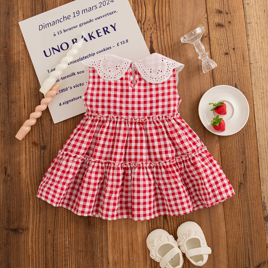 Korean Style Toddler Dress Red Strawberry Embroidery Sleeveless