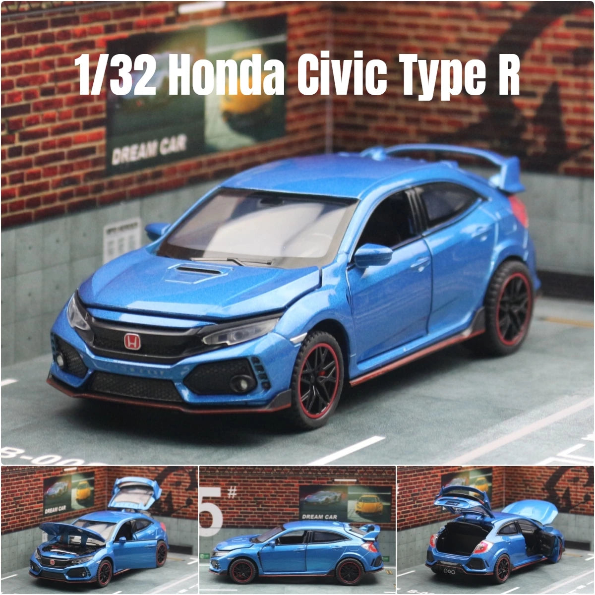 Diecast Honda Civic Type R | 1:32 Pull Back Car | Openable Doors | Toy Gift