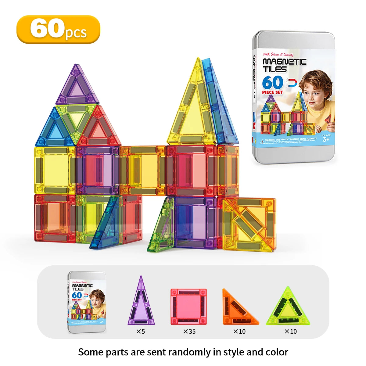 3D Magnetic Tiles Building Set | 38/60 Pieces | Storage Tin | For Ages 4-12