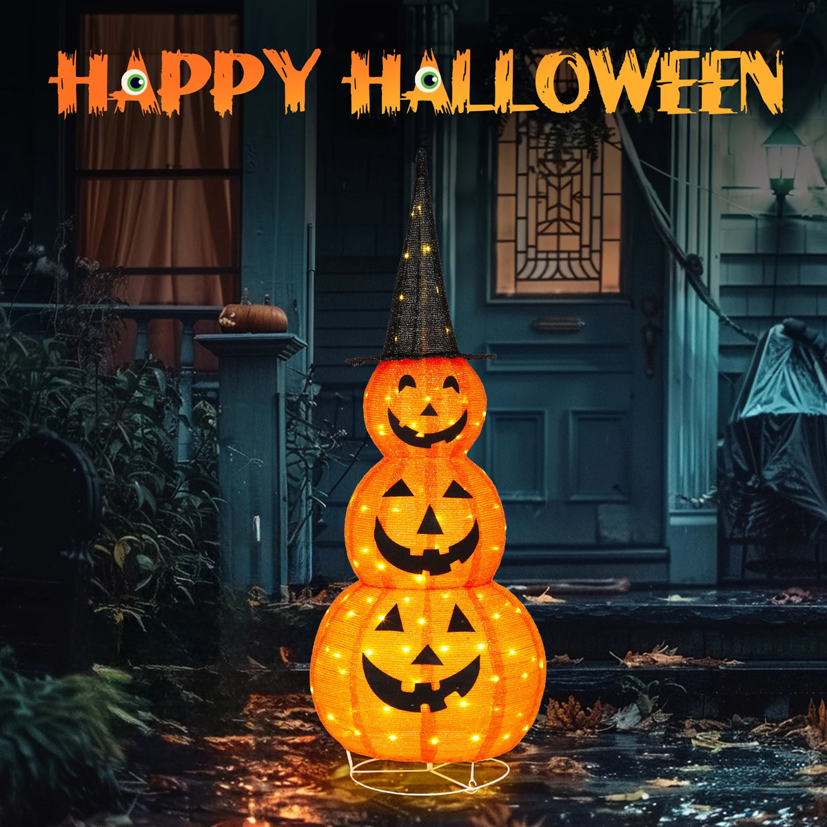 Lit Halloween Pumpkins | 5 Foot Tall | 100 Led Lights | Outdoor Yard Decor