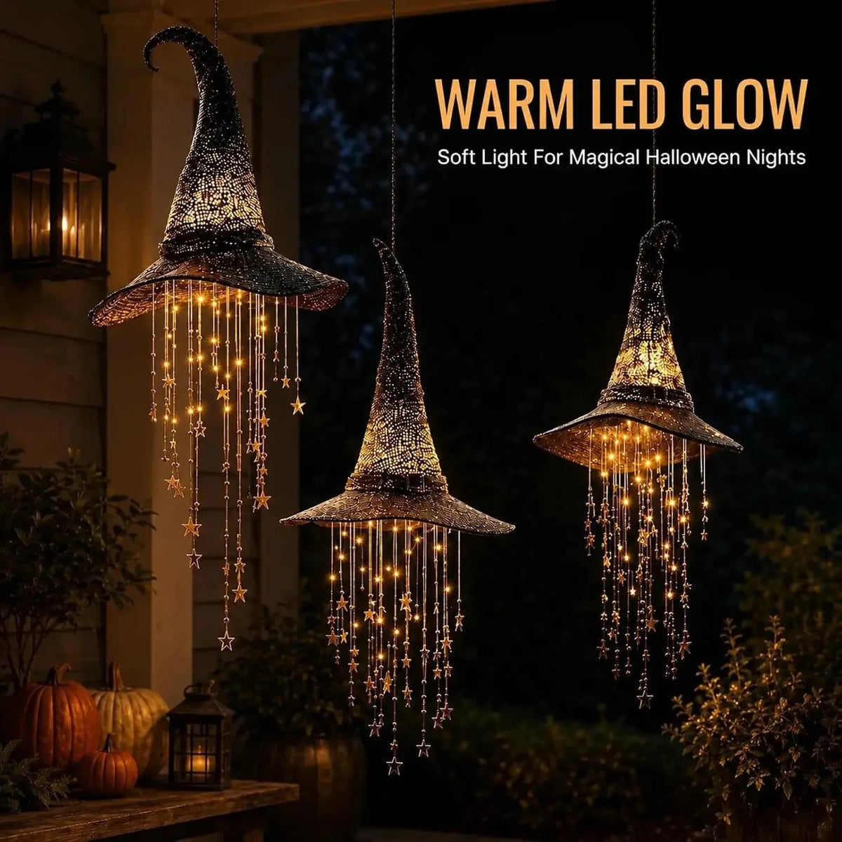 Lighted Witch Hat Chime | Mesh Star Cascade | Halloween Exterior Decor