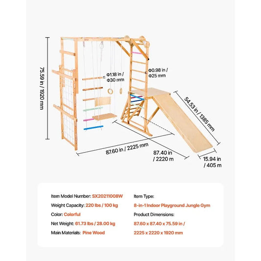 Wooden Indoor Playground Jungle Gym 8 In 1 Playset