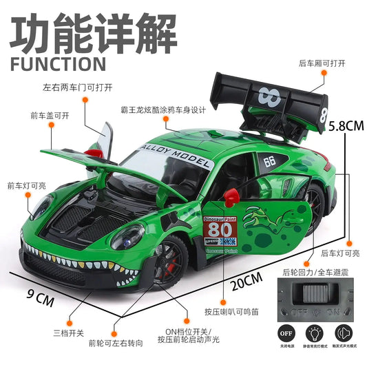 1:24 Porsche 911 GT3 RS Tyrannosaurus Rex Painted Modified Racing Alloy Metal Diecast Model Car Simulation Miniature Holiday Toy - ToylandEU