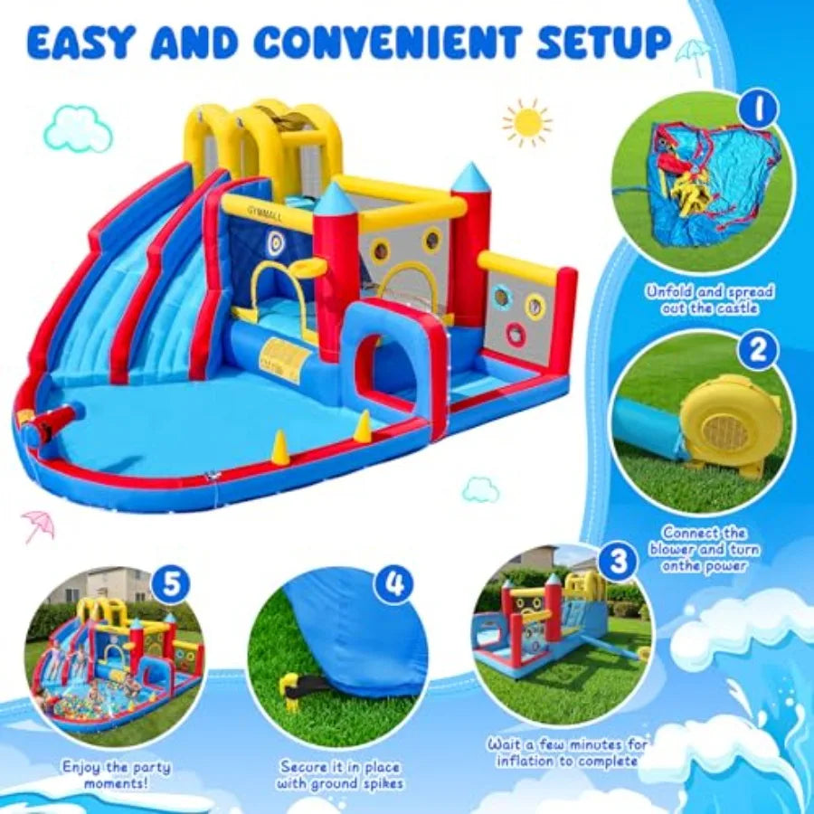 Inflatable Bounce House With Double Water Slide And Large Pool