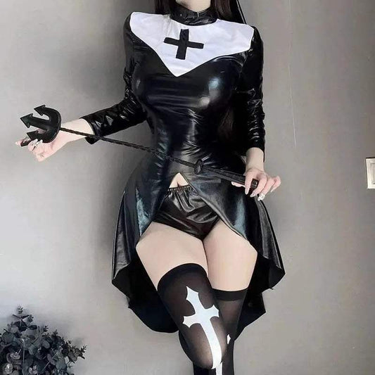 Sexy Gothic Nun Latex Costume High Split Cross Dress Women - ToylandEU