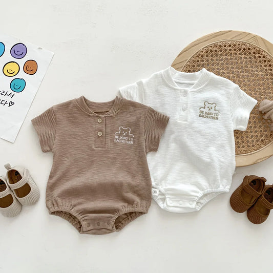 Soft Baby Bodysuits Summer Short Sleeve Cartoon Bear Letter Print Crawling One Piece For Infants 0 To 12 Months - ToylandEU