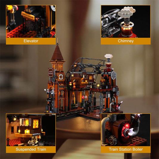 Steampunk Train Station Building Blocks Set with Illuminating LED Lights - ToylandEU