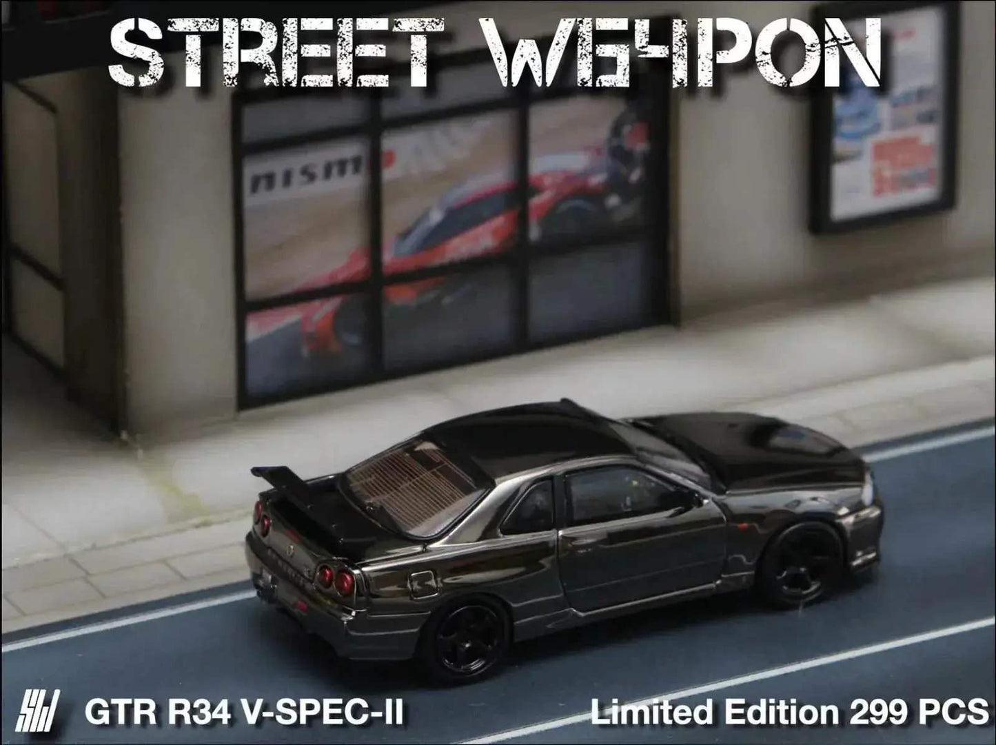 Street Weapon Skyline GTR R34 V-SPEC-II Chrome Plated Limited to 599 Pcs 1:64 - ToylandEU