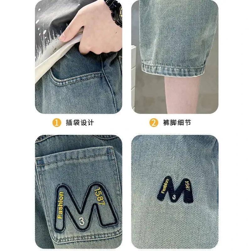Summer Teen Boys Denim Shorts Embroidered Letter M - ToylandEU™