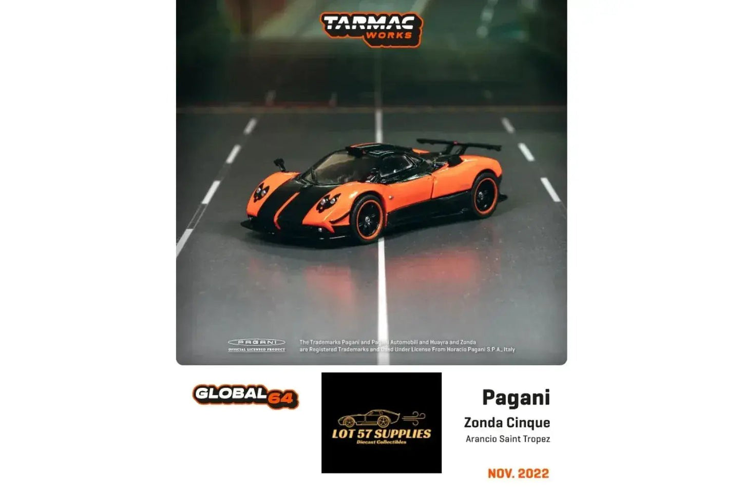 Tarmac Works Global64 Pagani Zonda Arancio Saint Tropez Item #T64G-TL021-OR 1:64 - ToylandEU