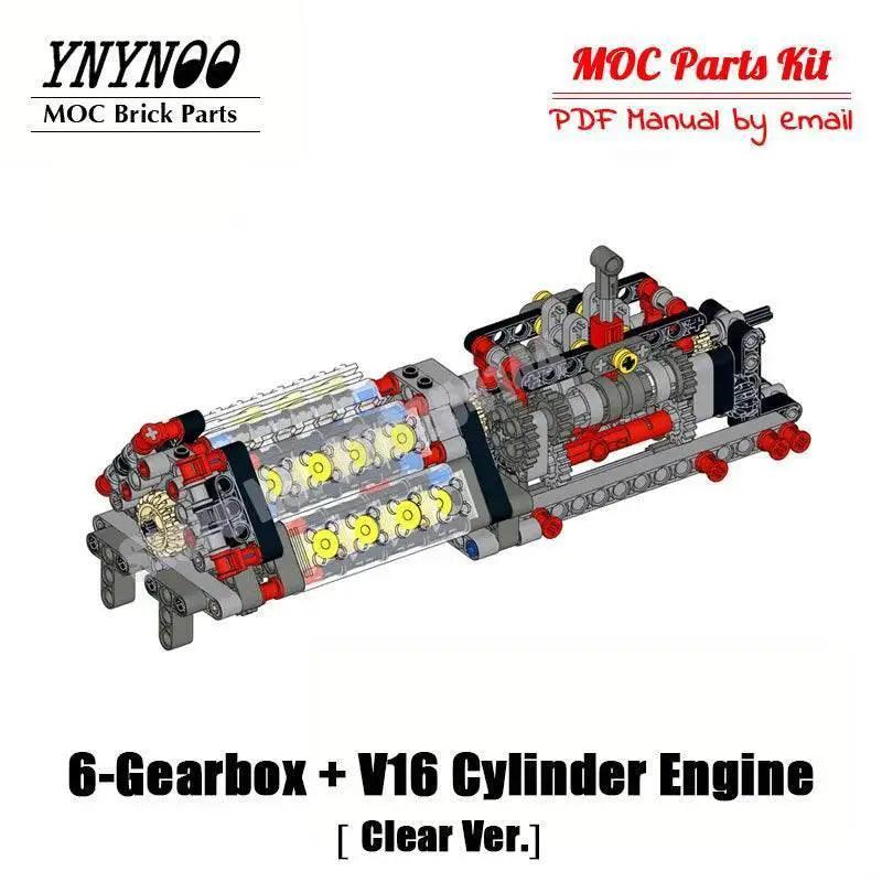 Mechanical Motor Group V16 Engine 6 Speed Gearbox MOC Blocks Building Bricks MOC - ToylandEU™