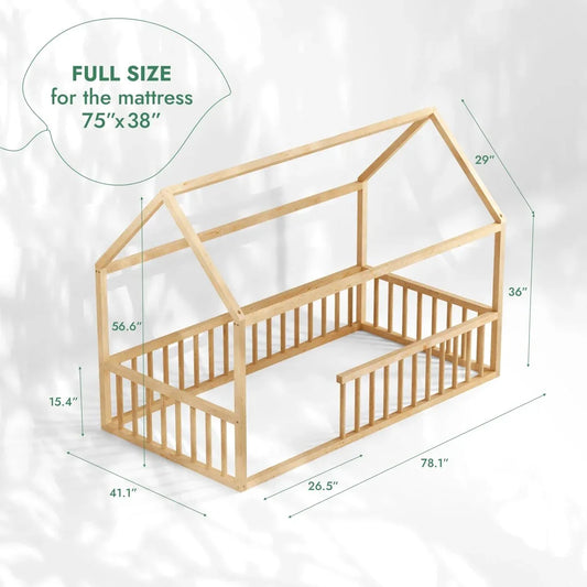 Twin Size Montessori House Bed for Kids with Fence - ToylandEU