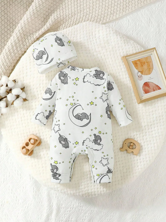 Two Piece Baby Romper With Hat Cartoon Elephant Embroidery - ToylandEU