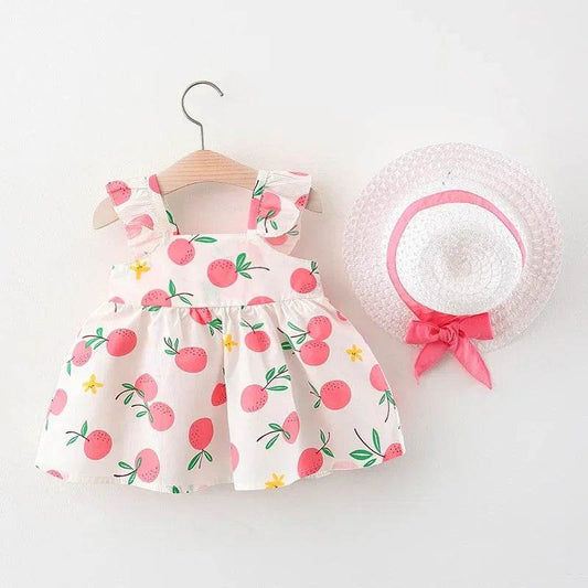 Vibrant Girls Cotton Skirt Fruit Print And Big Bow Plus Free Straw Hat For 3 To 6 Years - ToylandEU