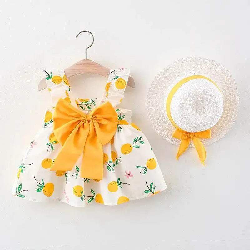 Vibrant Girls Cotton Skirt Fruit Print And Big Bow Plus Free Straw Hat For 3 To 6 Years - ToylandEU