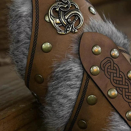 Viking Leather Gauntlets Velvet Fur Trim Larp Cosplay - ToylandEU™