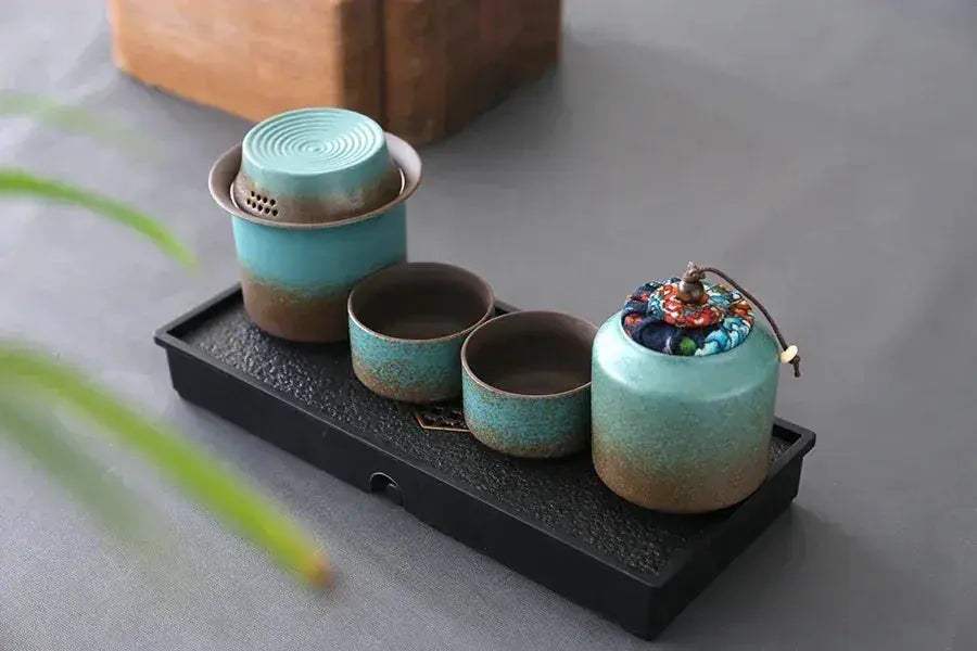 Vintage Spring Green Pottery One Kettle One Cup with Lid 4 Mini Cups Tea Caddy, Simple Small Tea Set Handwork and Craftsmanship - ToylandEU