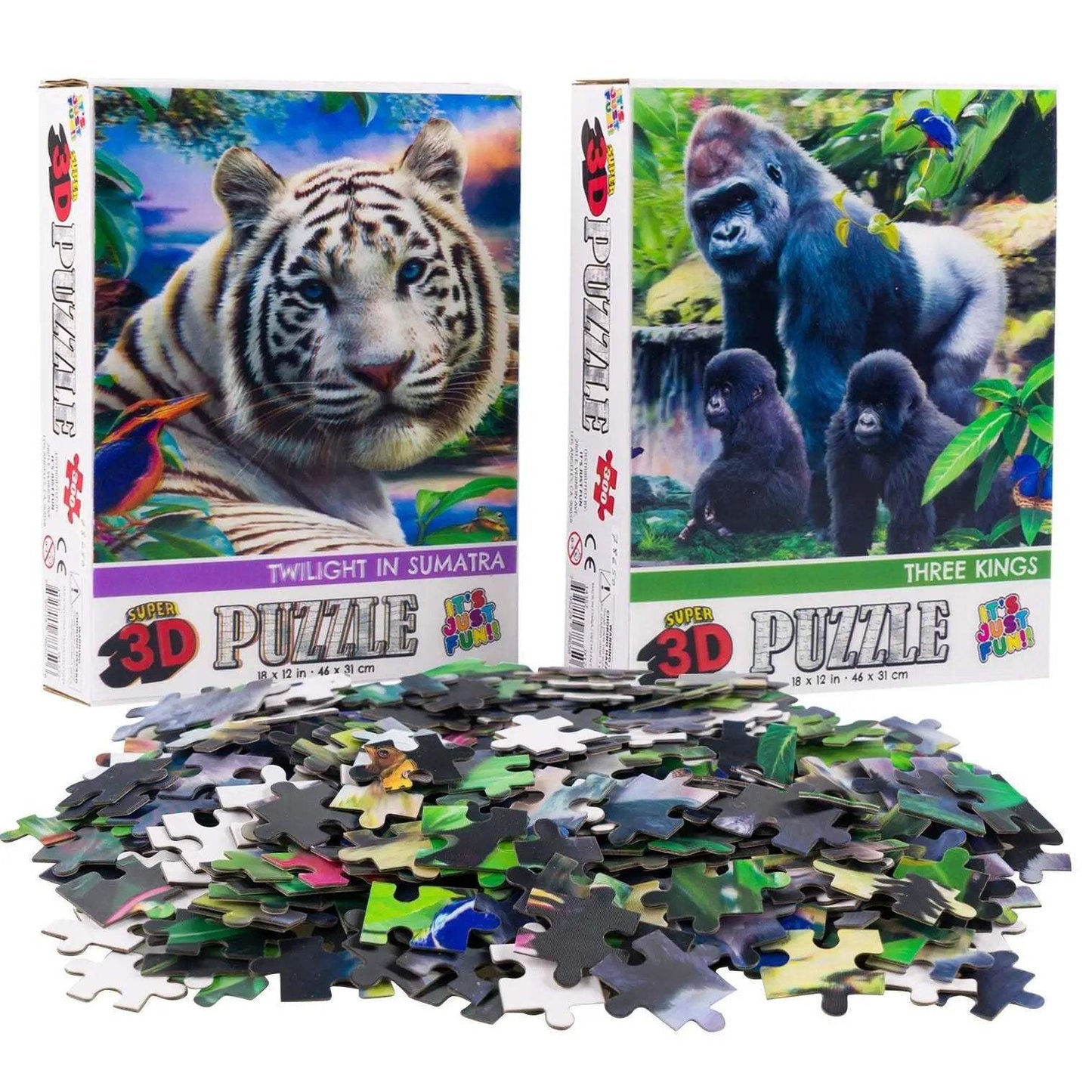 White Tiger & Gorillas Set of 2 300 Piece Lenticular Jigsaw Puzzles Prime 3D - Puzzle Merchant