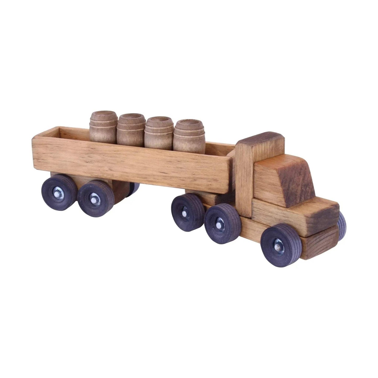 Wooden Barrel Truck Toy With Removable Wood Barrels, Child-Safe Harvest Stain Finish - ToylandEU