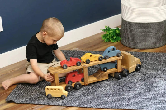 Wooden Car Carrier Truck Toy Set Six Cars Durable - ToylandEU™