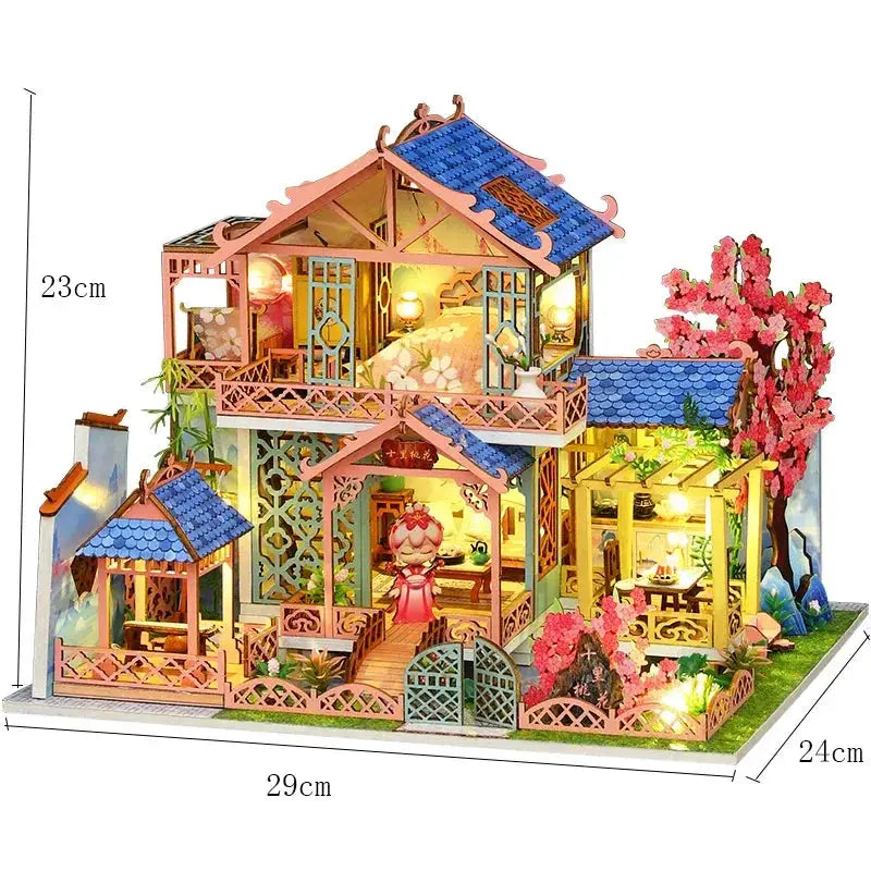 Wooden Dollhouse With Realistic Miniature Furniture Set - ToylandEU