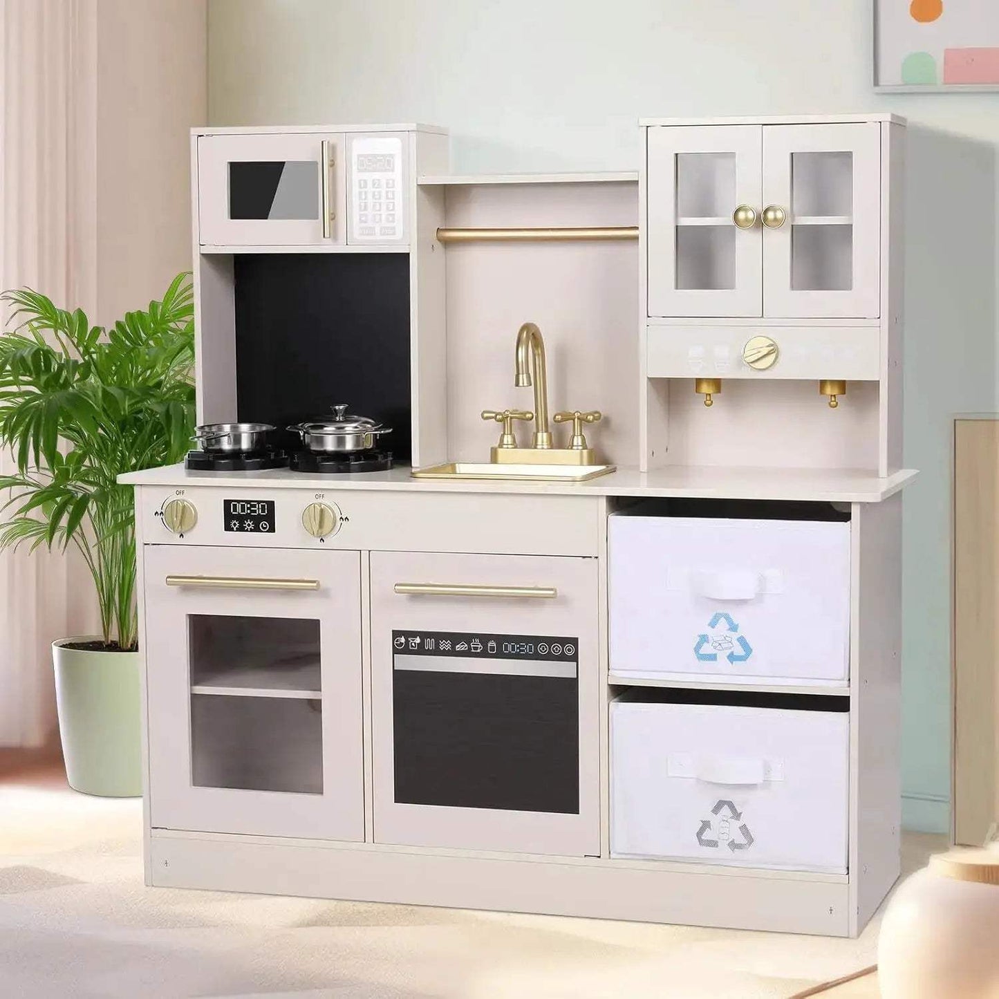Wooden Kids Play Kitchen Set Stove Light Microwave - ToylandEU™