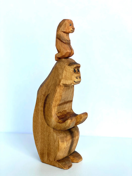 Hand Painted Wooden Monkey With Baby Figurine Educational Toy - ToylandEU