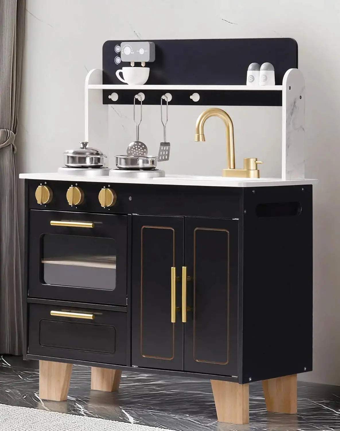 Wooden Play Kitchen For Kids Marble Countertop Realistic - ToylandEU™