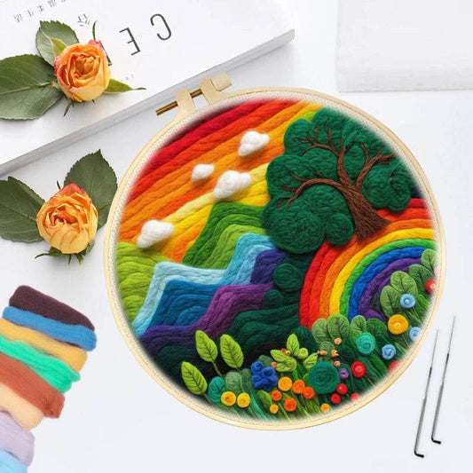 Wool Needle Felting Painting Rainbow Green Hill Landscape Handicraft Needle Felting Painting Kits Home Decor - ToylandEU