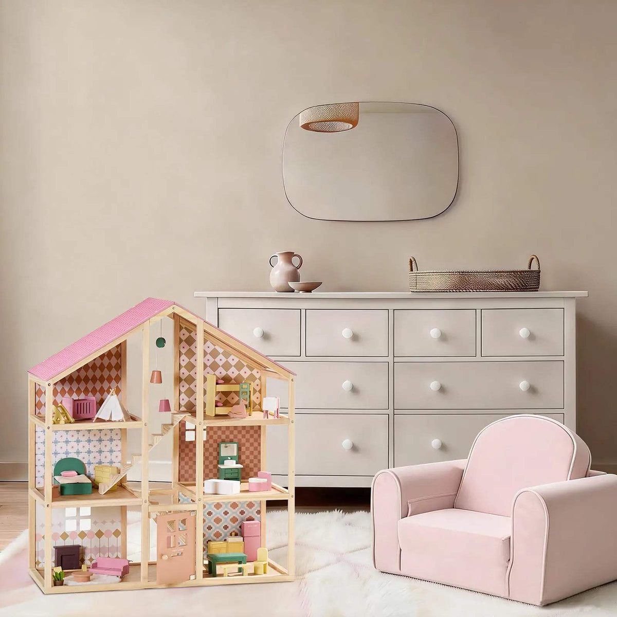 Dollhouse | Wooden Build With Poseable Dolls | Soft Pastel Colors | For Kids
