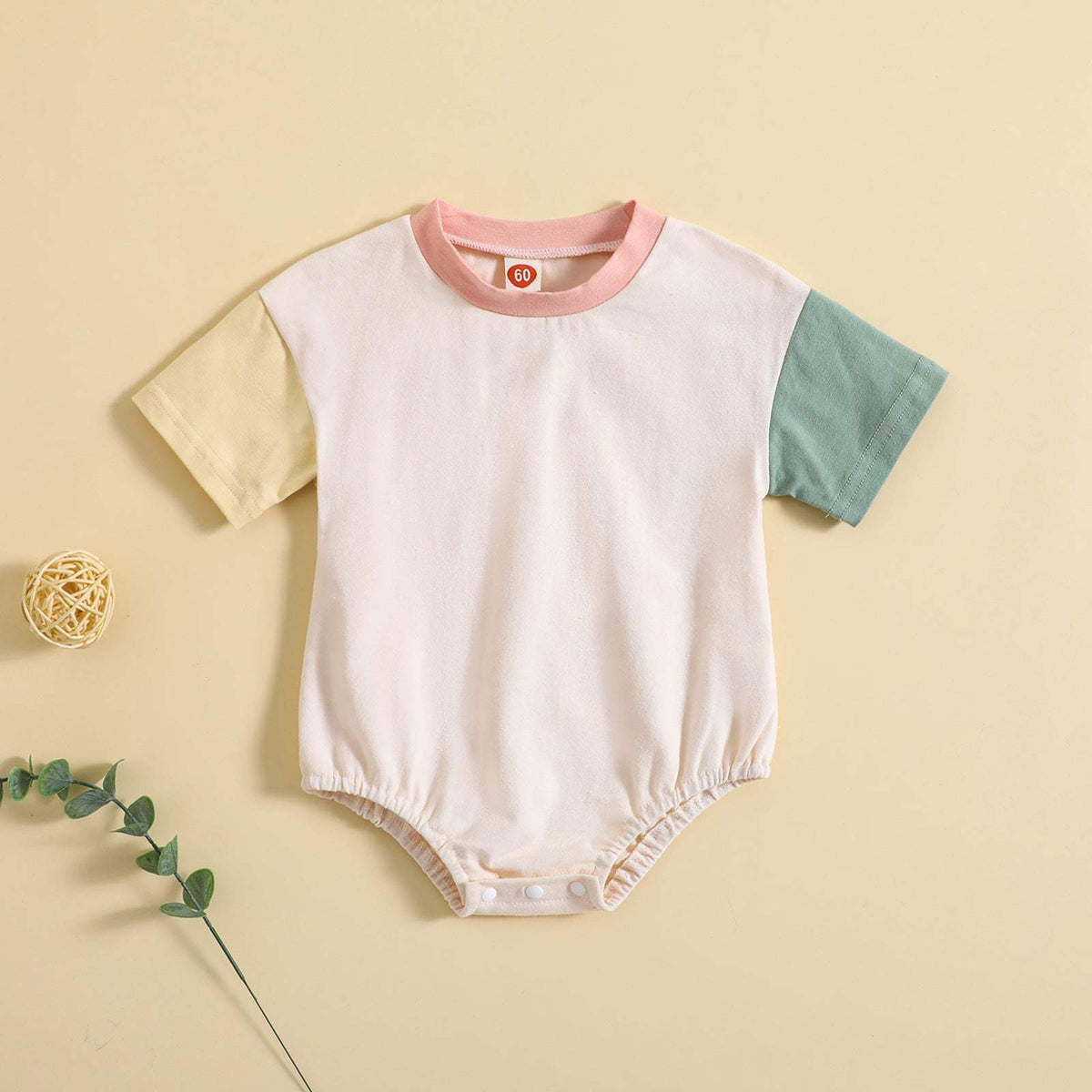 Baby Solid Color Stitched Short-Sleeve Romper | Light Green And Pink | 60-100 cm