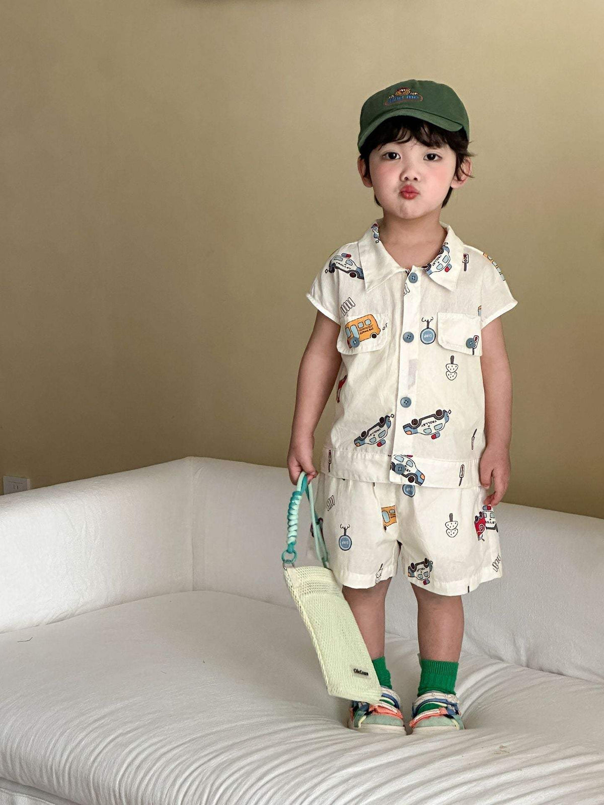 Kids' Thin Summer Shirt Set | Cartoon Car And Hot Air Balloon