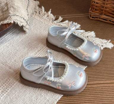 Girls' Pearl Bow Leather Shoes | PU Leather Upper | Rubber Sole | Spring & Autumn