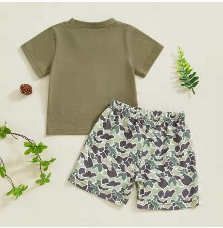 Boys' Camouflage Print Faux Pocket Short-Sleeve Top Suit | Green