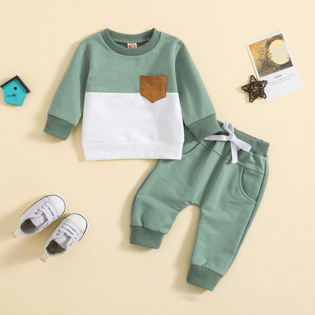 Boys' Color-Block Crew-Neck Long-Sleeve Suit | Olive Green And Sapphire Blue