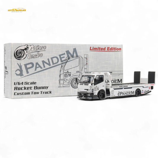 Diecast MicroTurbo HINO 300 Flat Bed Transport Truck in Pandem Rocket Bunny White 1:64