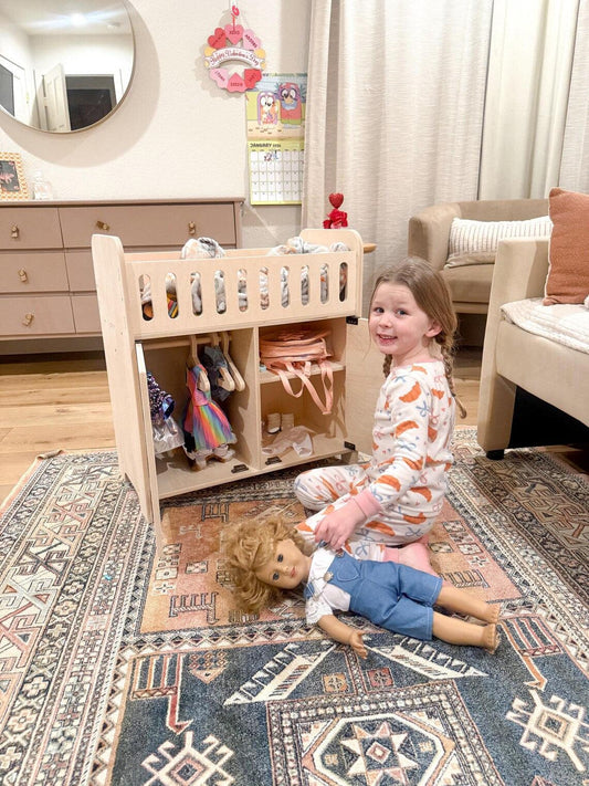 Furniture | Wooden Doll Crib With Storage | Fits 18in Dolls | Includes 4 Hangers