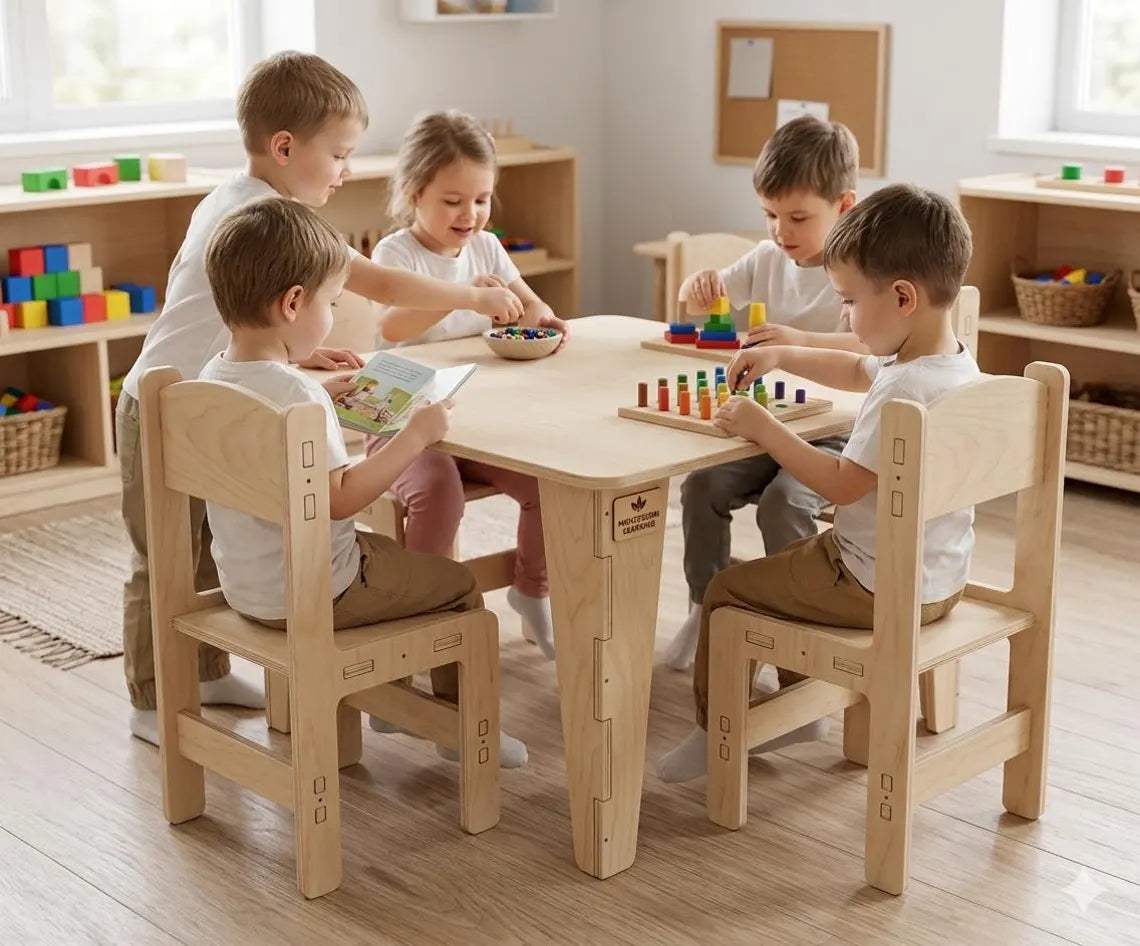 Square Table For Kids | Baltic Birch Plywood | Set Of Four Chairs | Playroom