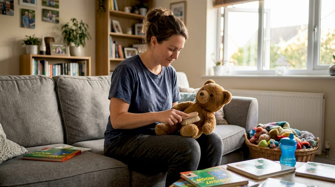 Parent brushing plush doll on living room sofa