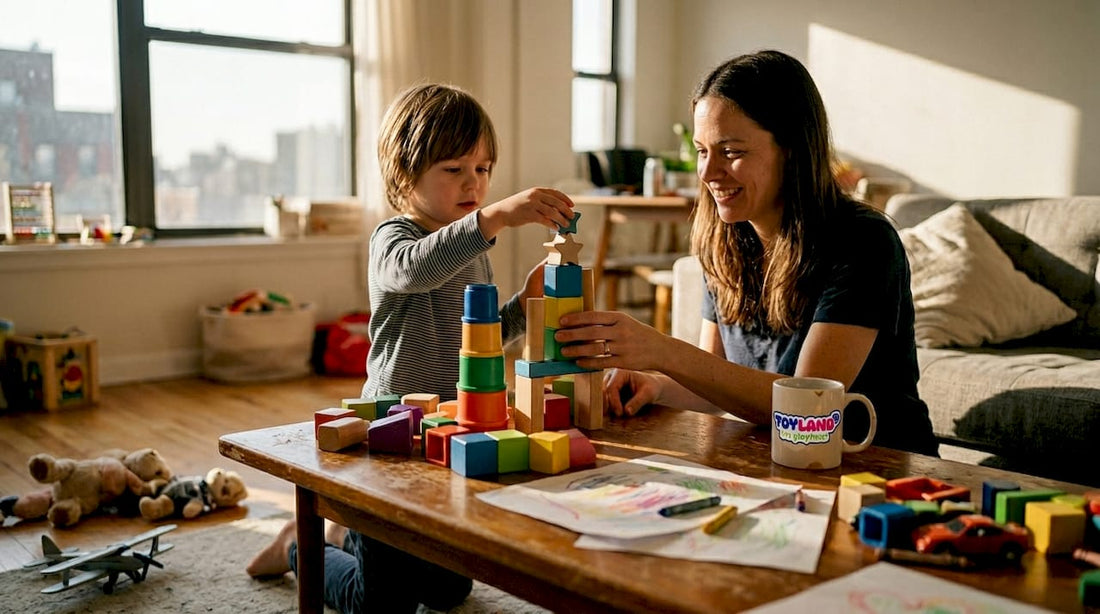 Parent and child building with learning toys