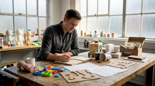 Designer sketching toy prototypes in studio